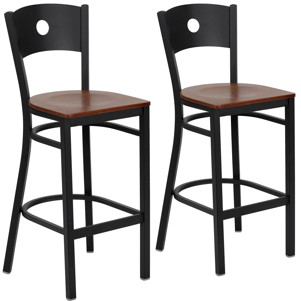 2 Pk. HERCULES Series Black Circle Back Metal Restaurant Barstool - Mahogany Wood Seat. Picture 1