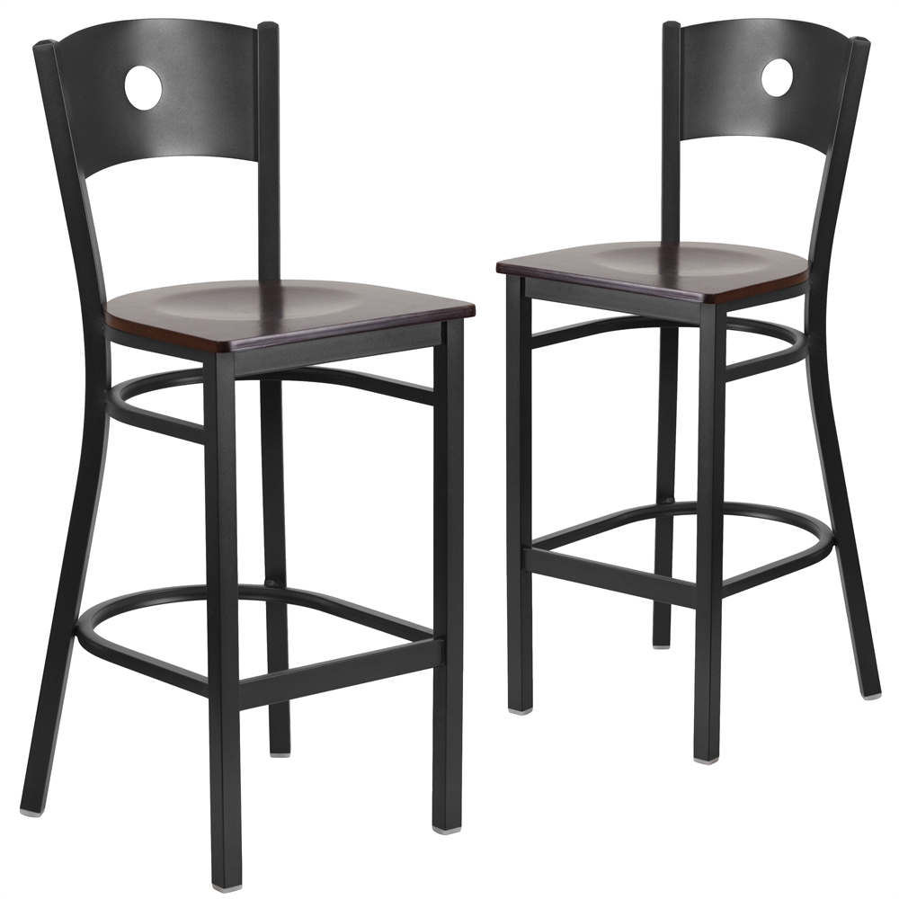 2 Pk. HERCULES Series Black Circle Back Metal Restaurant Barstool - Walnut Wood Seat. Picture 1