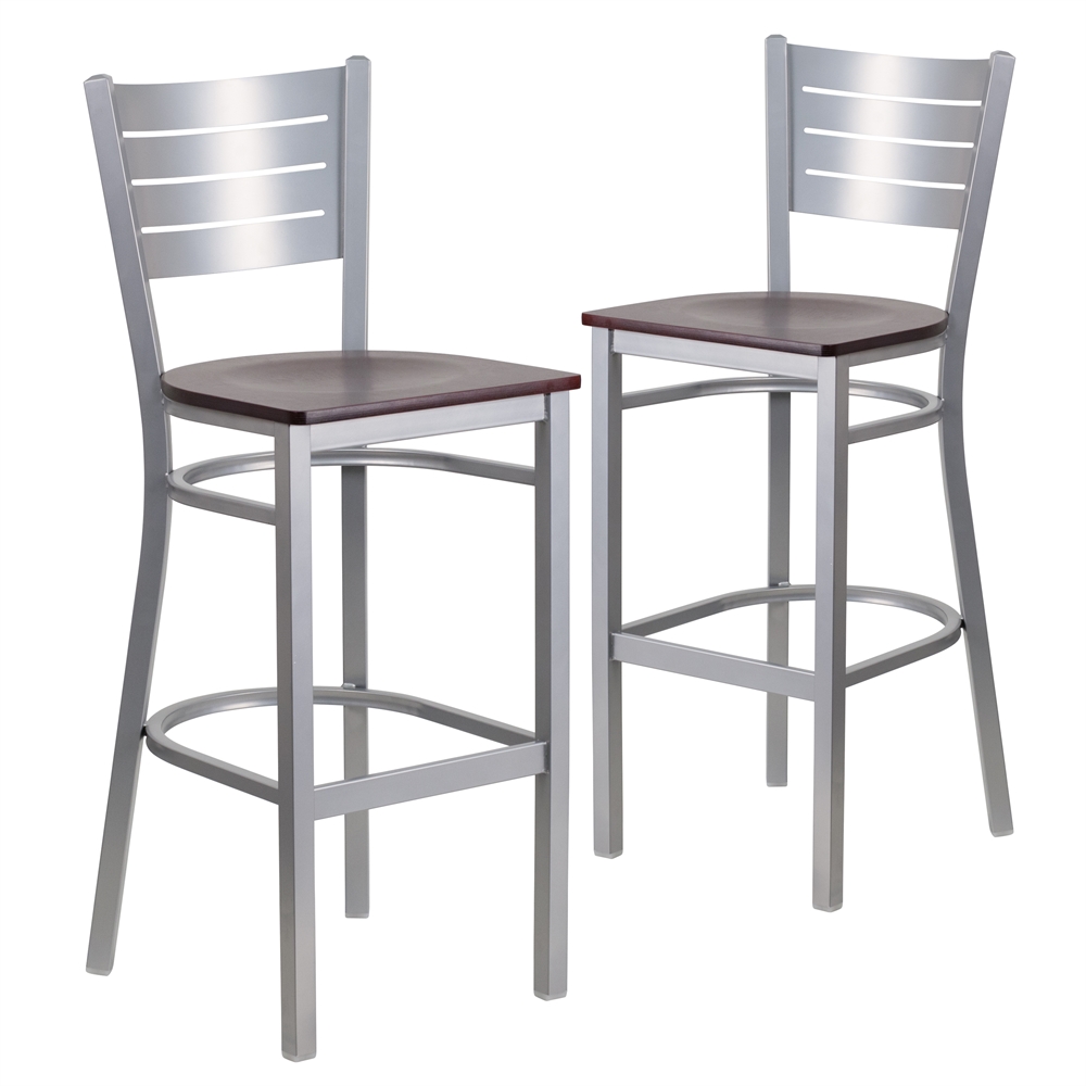 2 Pk. HERCULES Series Silver Slat Back Metal Restaurant Barstool - Mahogany Wood Seat. Picture 1
