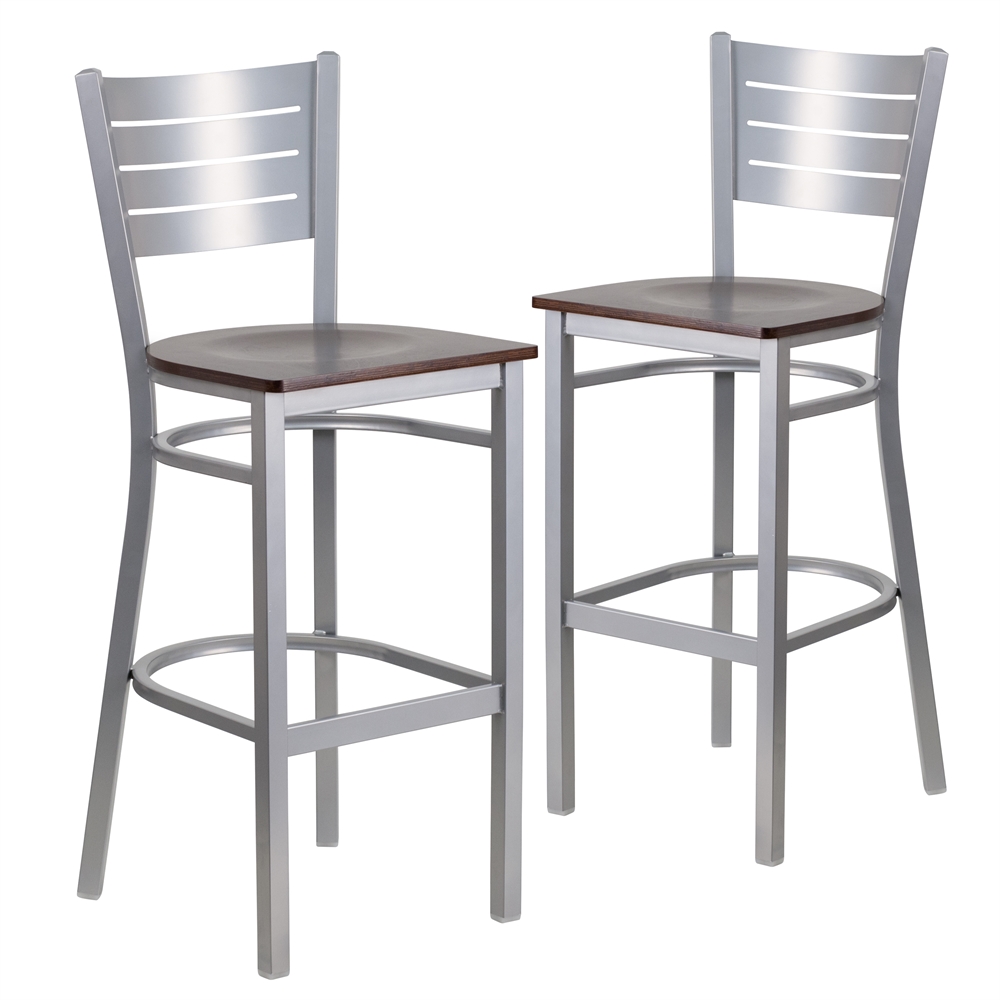 2 Pk. HERCULES Series Silver Slat Back Metal Restaurant Barstool - Walnut Wood Seat. Picture 1