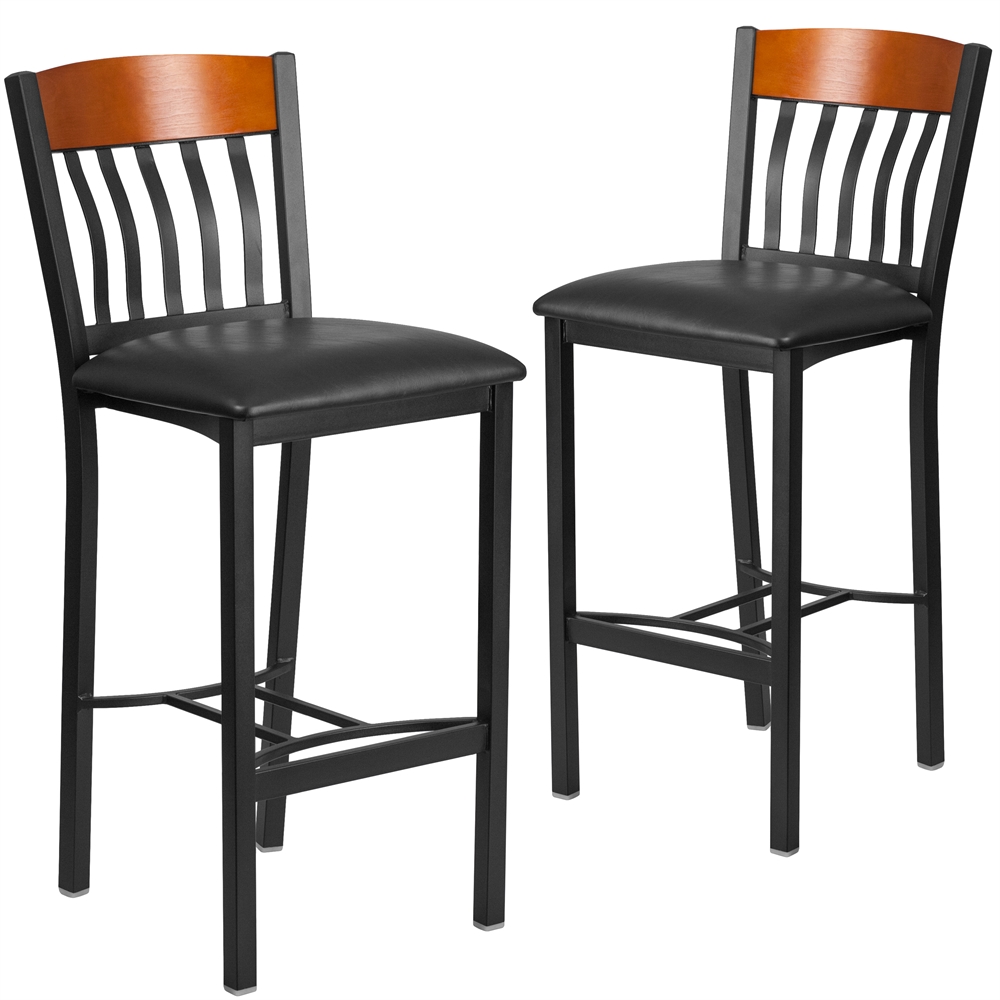 2 Pk. Eclipse Series Vertical Back Black Metal and Cherry Wood Restaurant Barstool with Black Vinyl Seat. Picture 1