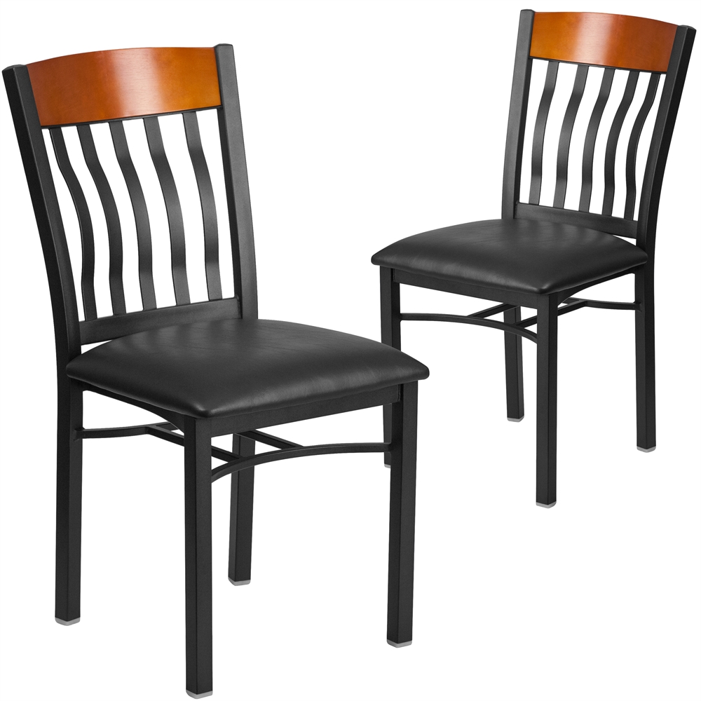 2 Pk. Eclipse Series Vertical Back Black Metal and Cherry Wood Restaurant Chair with Black Vinyl Seat. Picture 1