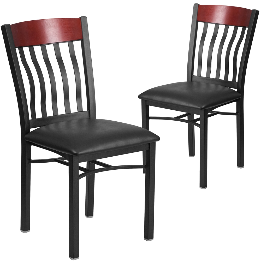 2 Pk. Eclipse Series Vertical Back Black Metal and Mahogany Wood Restaurant Chair with Black Vinyl Seat. Picture 1