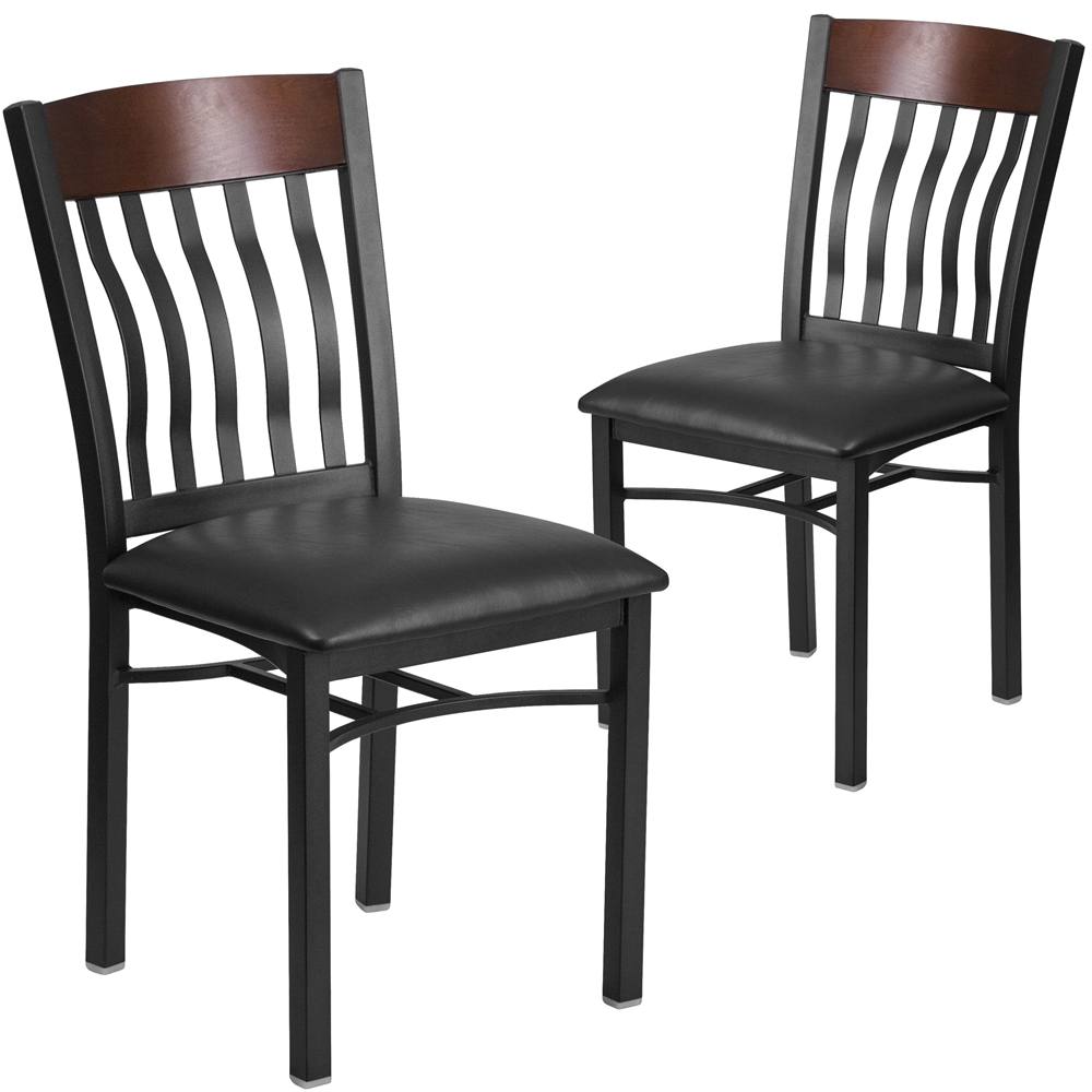 2 Pk. Eclipse Series Vertical Back Black Metal and Walnut Wood Restaurant Chair with Black Vinyl Seat. Picture 1