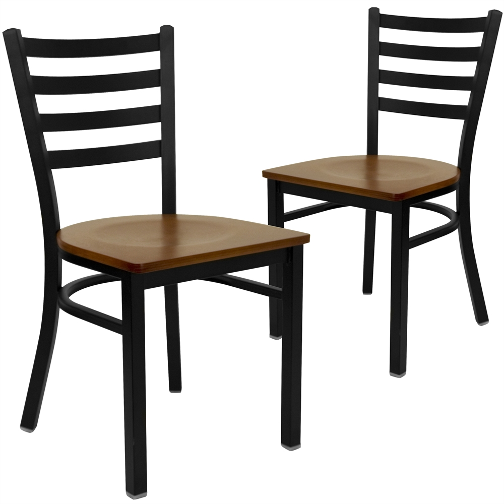2 Pk. HERCULES Series Black Ladder Back Metal Restaurant Chair - Cherry Wood Seat. Picture 1
