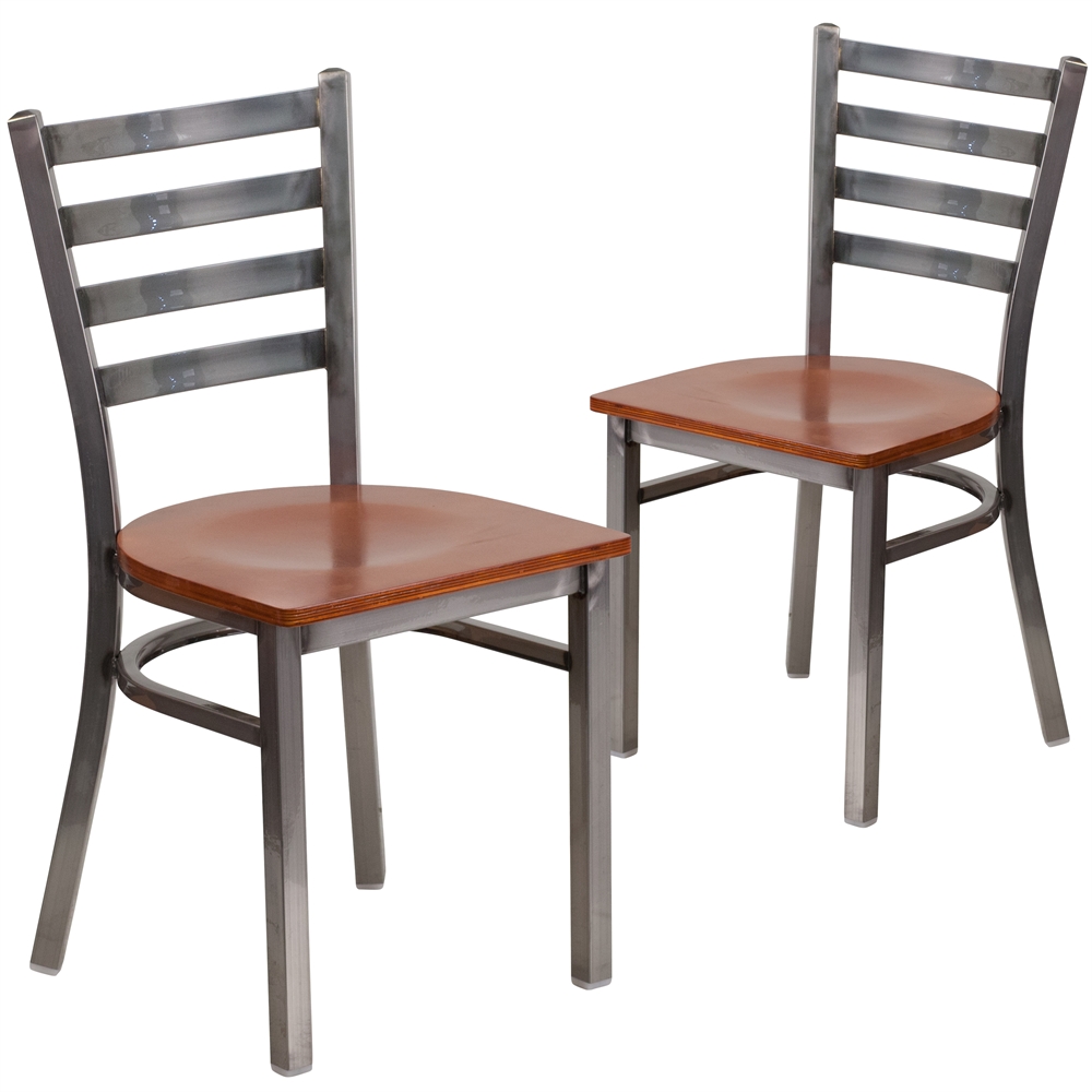2 Pk. HERCULES Series Clear Coated Ladder Back Metal Restaurant Chair - Cherry Wood Seat. Picture 1