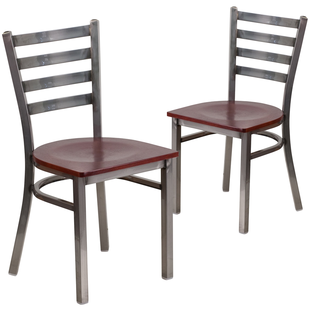 2 Pk. HERCULES Series Clear Coated Ladder Back Metal Restaurant Chair - Mahogany Wood Seat. Picture 1