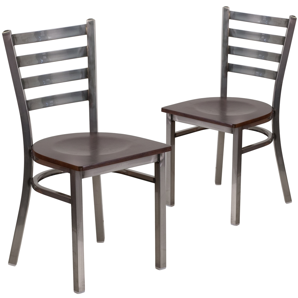 2 Pk. HERCULES Series Clear Coated Ladder Back Metal Restaurant Chair - Walnut Wood Seat. Picture 1