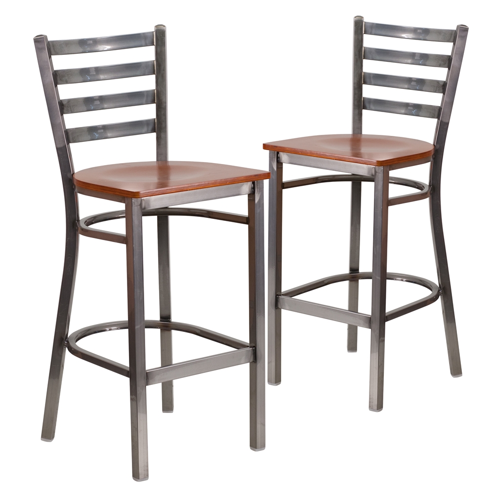 2 Pk. HERCULES Series Clear Coated Ladder Back Metal Restaurant Barstool - Cherry Wood Seat. Picture 1