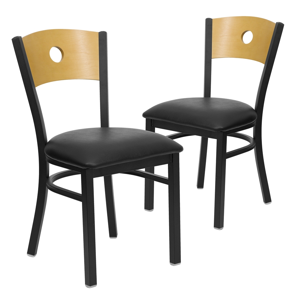 2 Pk. HERCULES Series Black Circle Back Metal Restaurant Chair - Natural Wood Back, Black Vinyl Seat. Picture 1