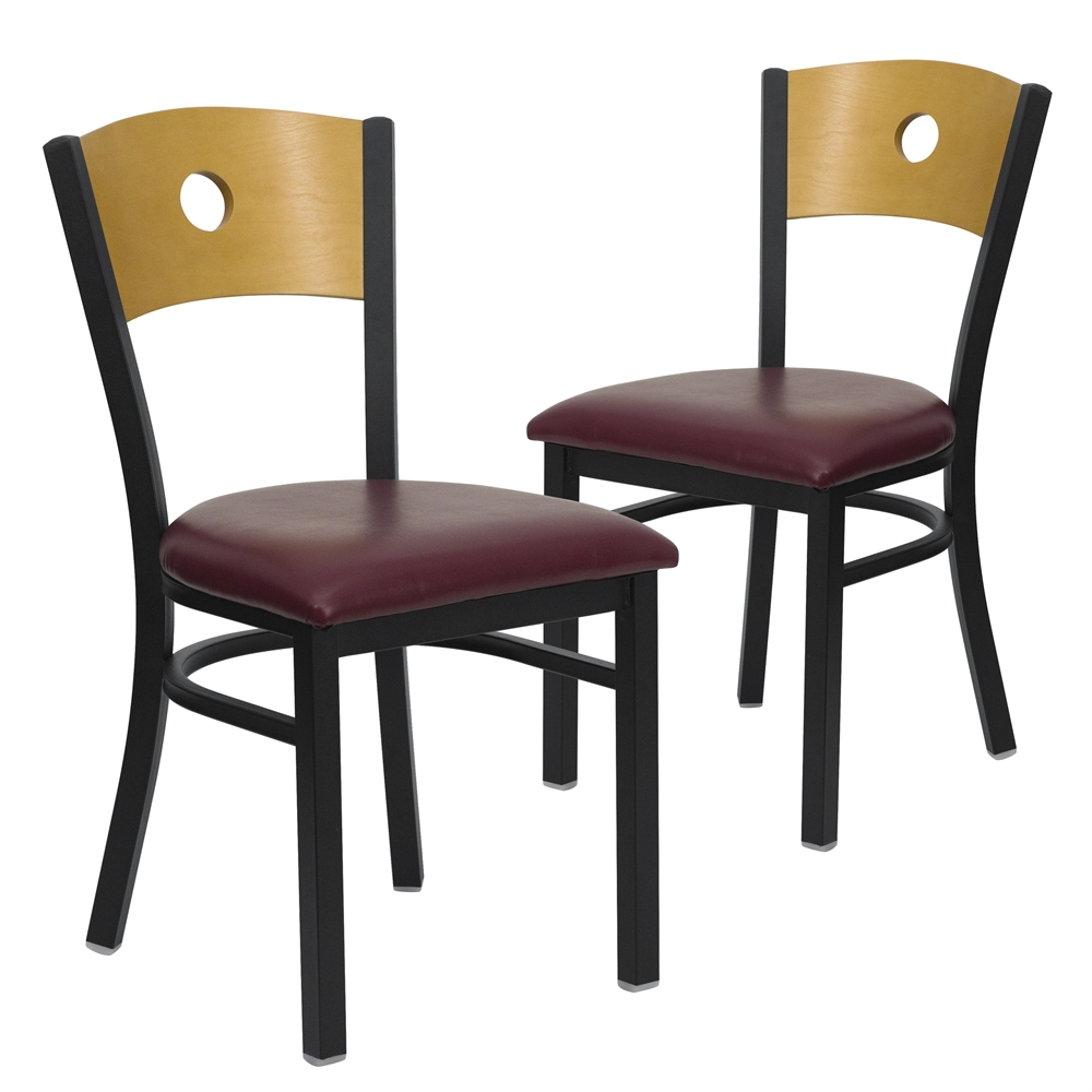 2 Pk. HERCULES Series Black Circle Back Metal Restaurant Chair - Natural Wood Back, Burgundy Vinyl Seat. Picture 1