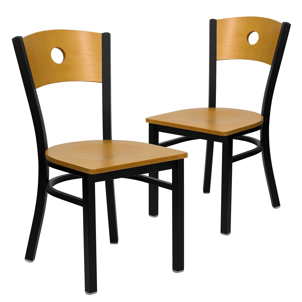 2 Pk. HERCULES Series Black Circle Back Metal Restaurant Chair - Natural Wood Back & Seat. Picture 1