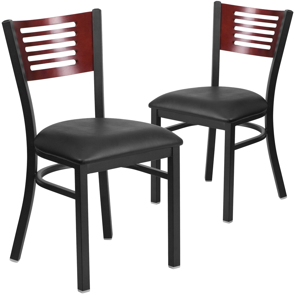 2 Pk. HERCULES Series Black Decorative Slat Back Metal Restaurant Chair - Mahogany Wood Back, Black Vinyl Seat. Picture 1