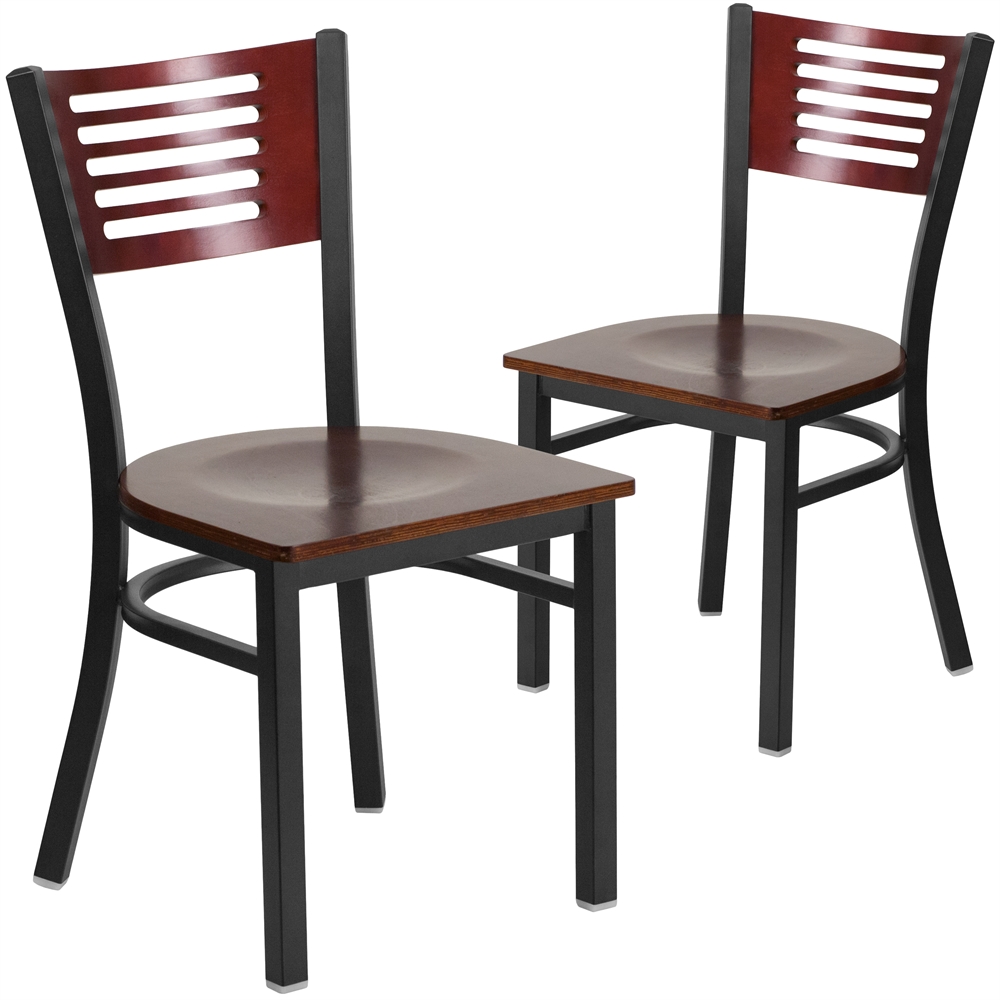 2 Pk. HERCULES Series Black Decorative Slat Back Metal Restaurant Chair - Mahogany Wood Back & Seat. Picture 1