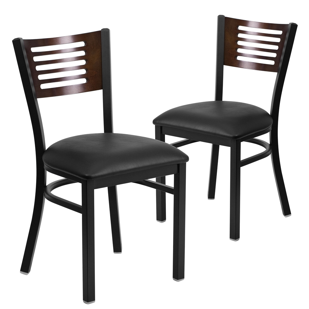 2 Pk. HERCULES Series Black Decorative Slat Back Metal Restaurant Chair - Walnut Wood Back, Black Vinyl Seat. Picture 1