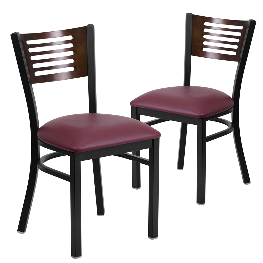 2 Pk. HERCULES Series Black Decorative Slat Back Metal Restaurant Chair - Walnut Wood Back, Burgundy Vinyl Seat. Picture 1