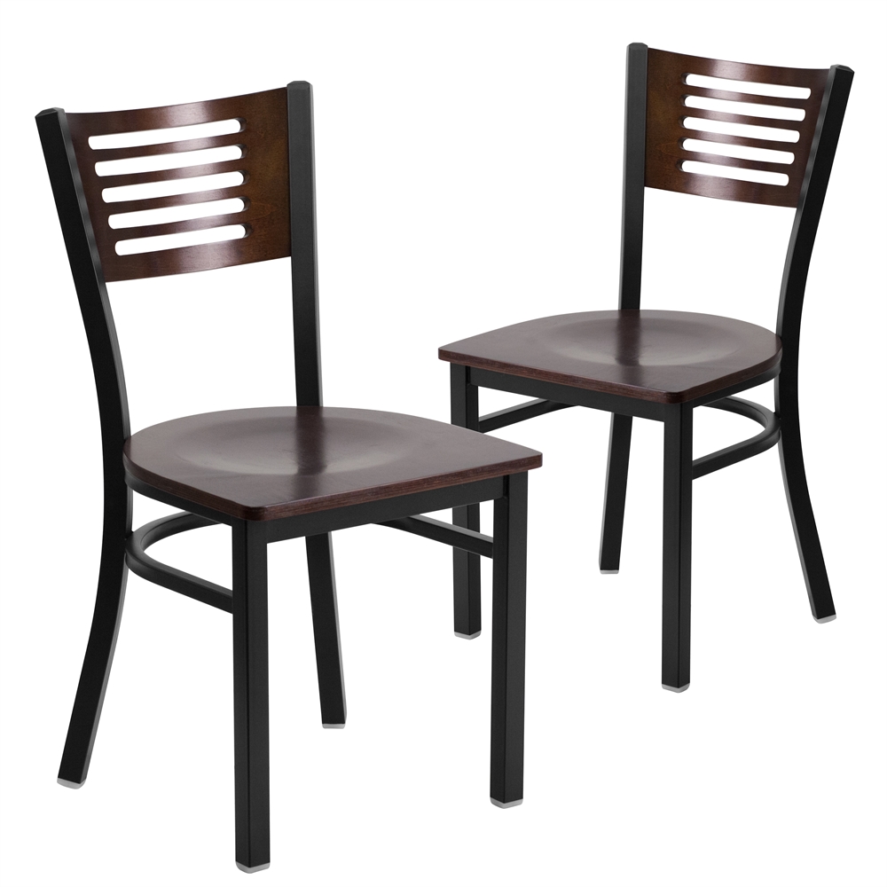2 Pk. HERCULES Series Black Decorative Slat Back Metal Restaurant Chair - Walnut Wood Back & Seat. The main picture.