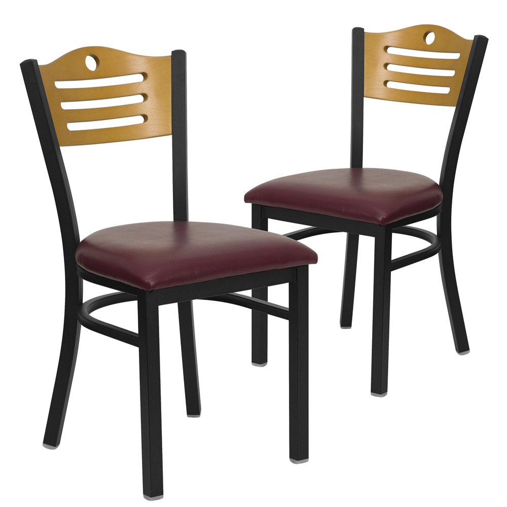 2 Pk. HERCULES Series Black Slat Back Metal Restaurant Chair - Natural Wood Back, Burgundy Vinyl Seat. Picture 1
