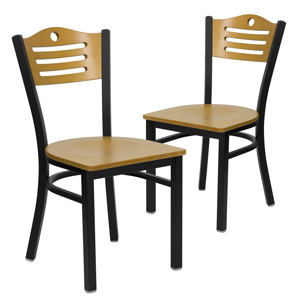 2 Pk. HERCULES Series Black Slat Back Metal Restaurant Chair - Natural Wood Back & Seat. Picture 1