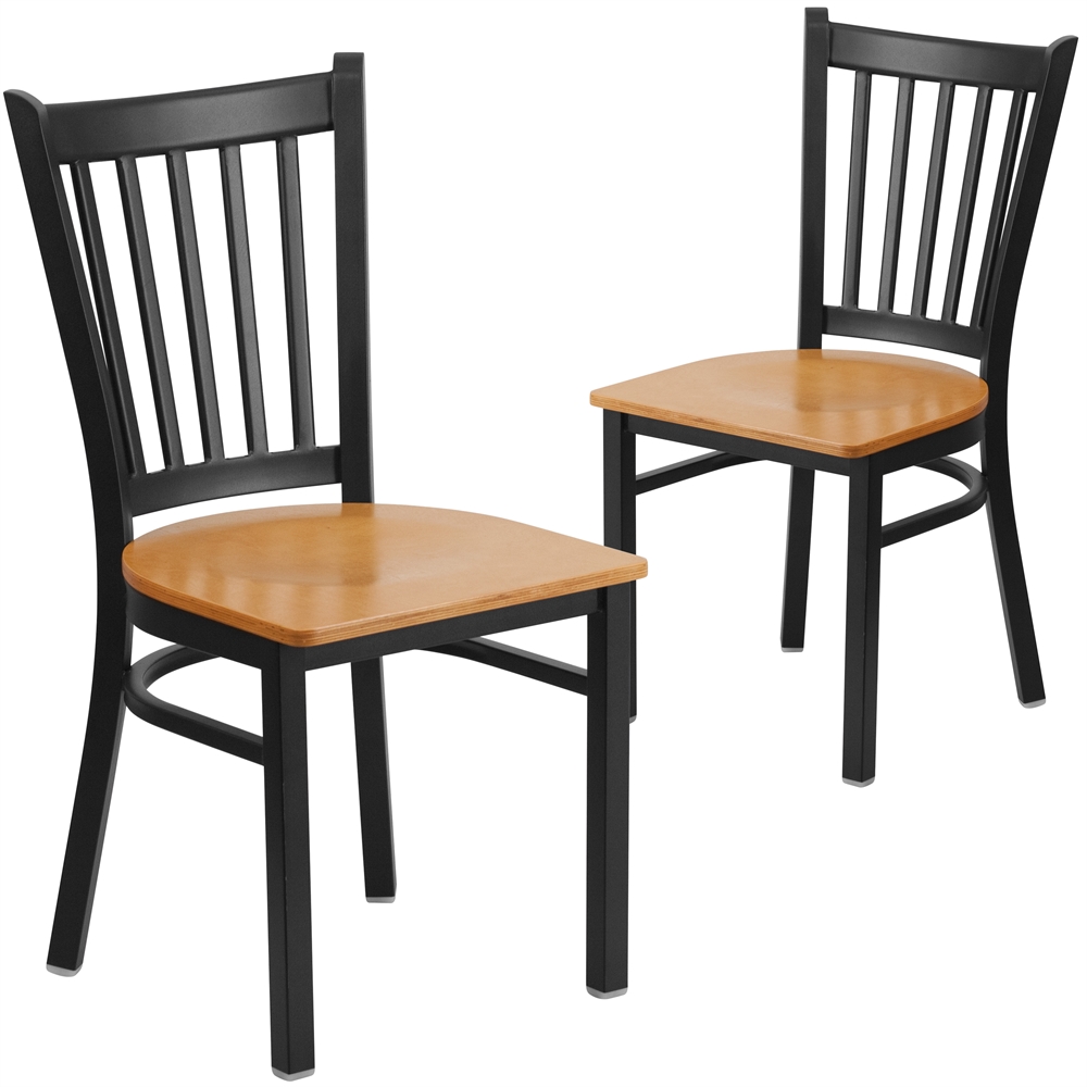 2 Pk. HERCULES Series Black Vertical Back Metal Restaurant Chair - Natural Wood Seat. Picture 1