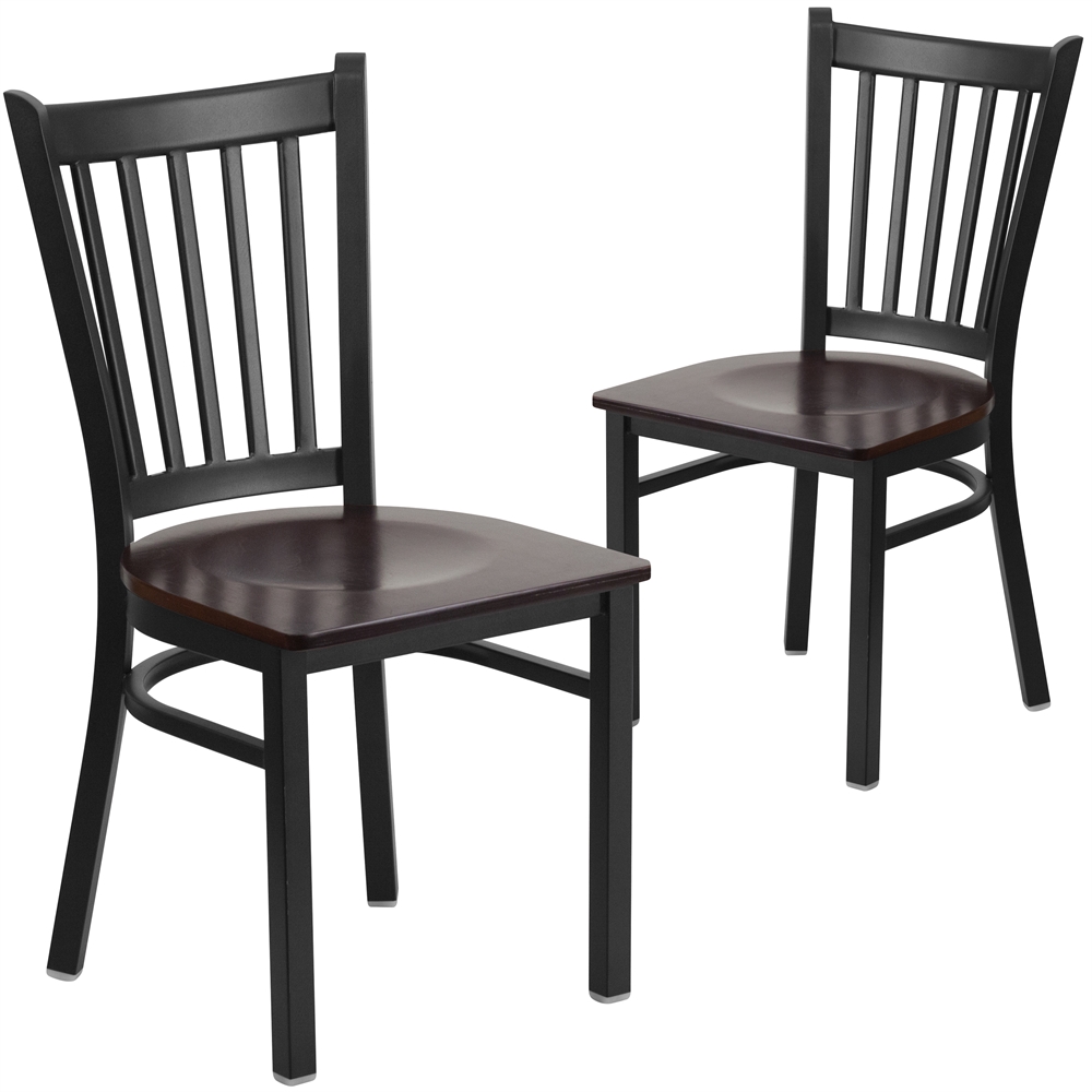 2 Pk. HERCULES Series Black Vertical Back Metal Restaurant Chair - Walnut Wood Seat. Picture 1