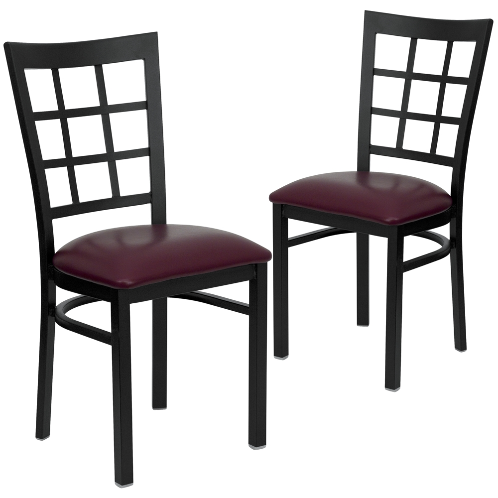2 Pk. HERCULES Series Black Window Back Metal Restaurant Chair - Burgundy Vinyl Seat. Picture 1