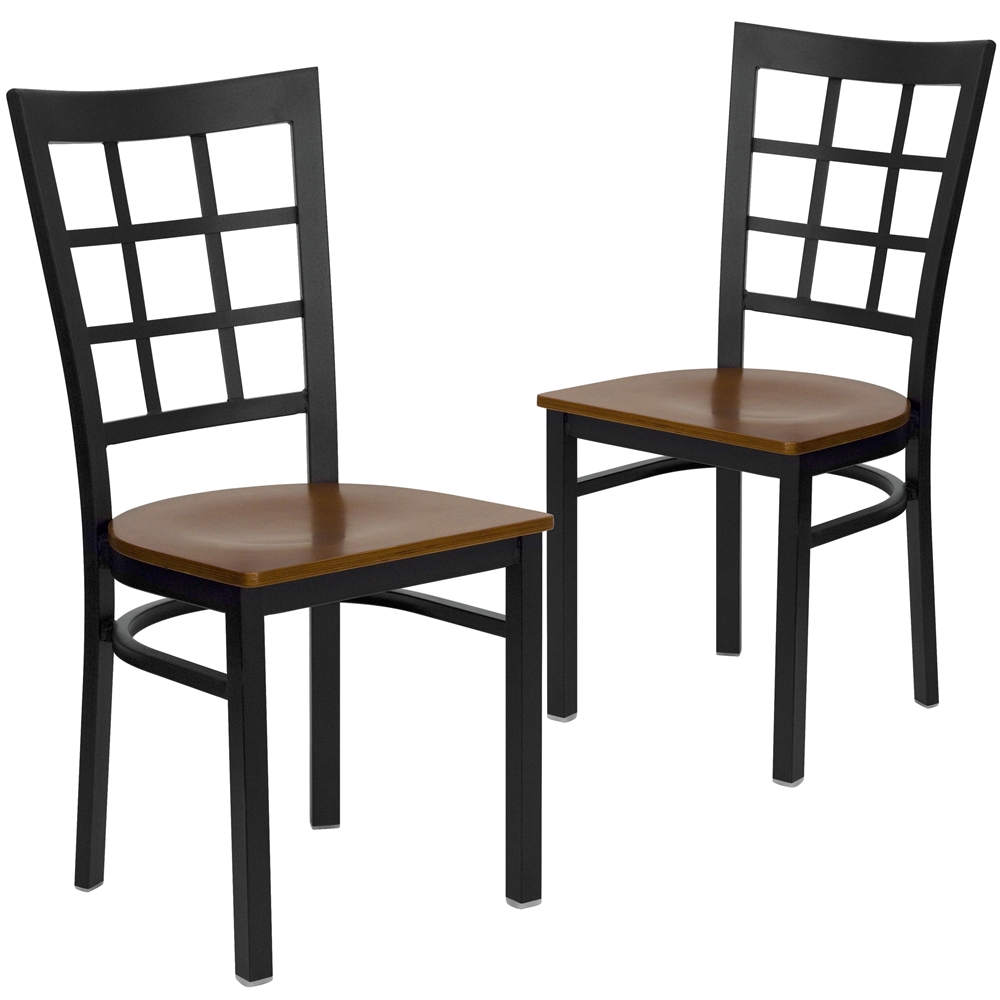 2 Pk. HERCULES Series Black Window Back Metal Restaurant Chair - Cherry Wood Seat. Picture 1