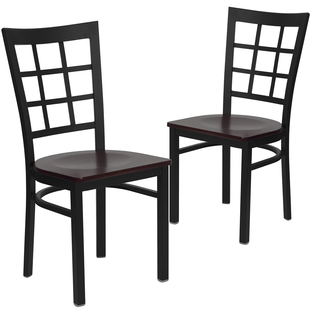 2 Pk. HERCULES Series Black Window Back Metal Restaurant Chair - Mahogany Wood Seat. Picture 1