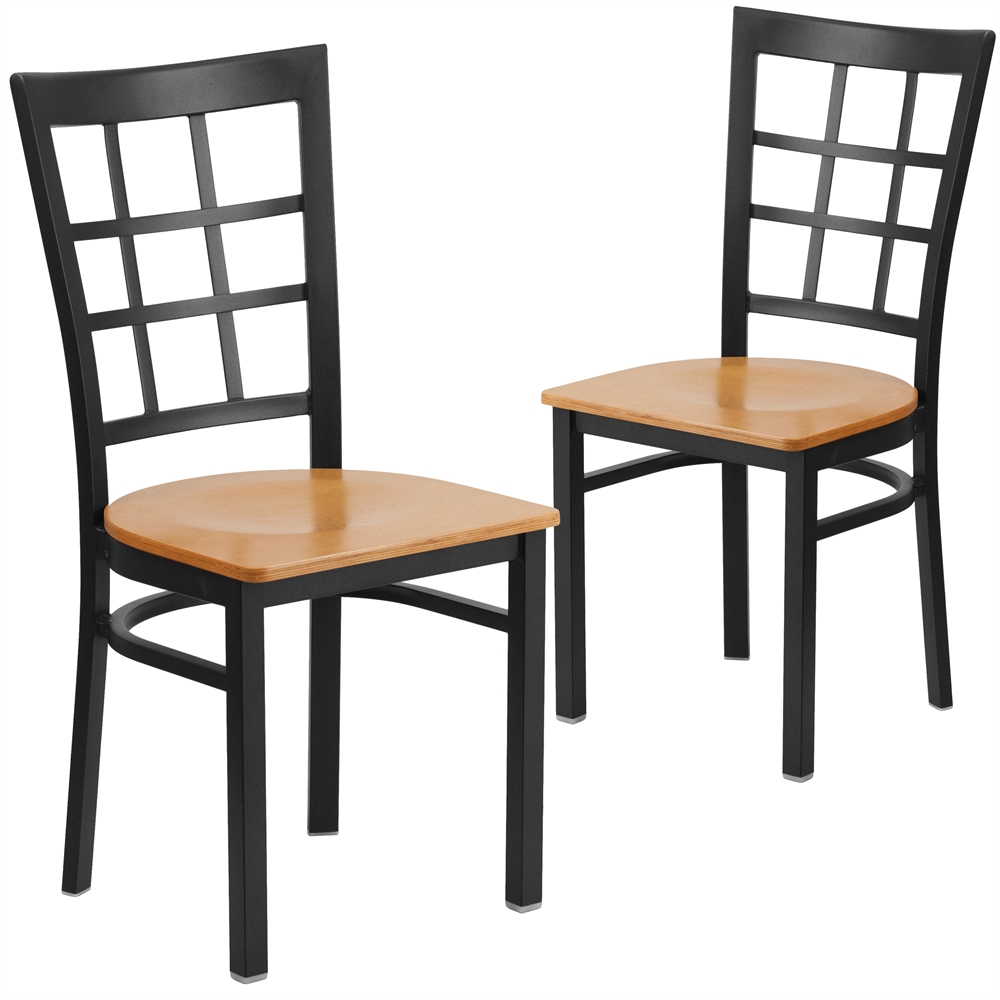 2 Pk. HERCULES Series Black Window Back Metal Restaurant Chair - Natural Wood Seat. The main picture.