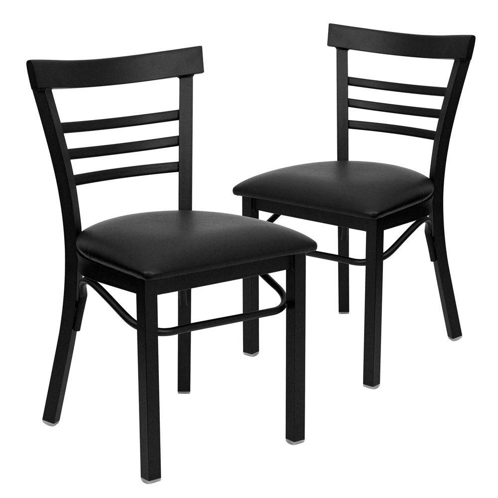 2 Pk. HERCULES Series Black Ladder Back Metal Restaurant Chair - Black Vinyl Seat. Picture 1