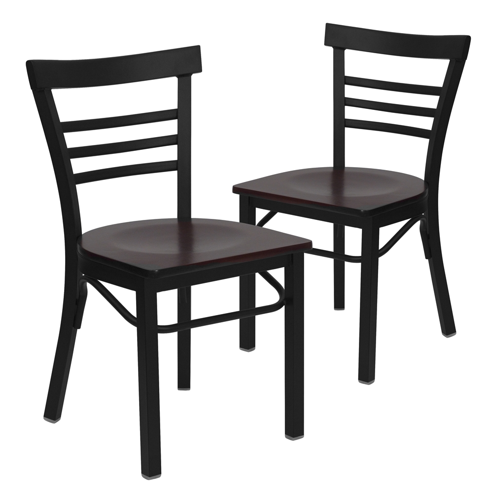 2 Pk. HERCULES Series Black Ladder Back Metal Restaurant Chair - Mahogany Wood Seat. Picture 1