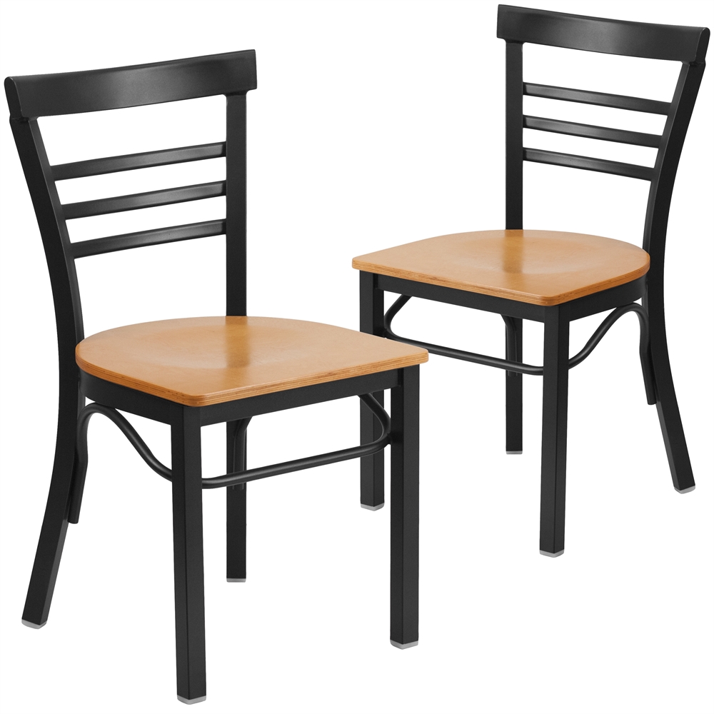 2 Pk. HERCULES Series Black Ladder Back Metal Restaurant Chair - Natural Wood Seat. Picture 1
