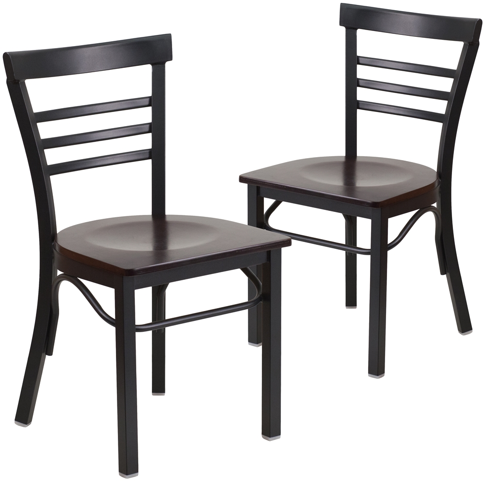 2 Pk. HERCULES Series Black Ladder Back Metal Restaurant Chair - Walnut Wood Seat. Picture 1