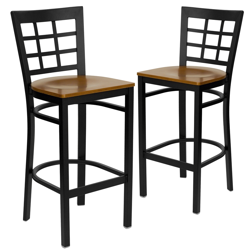 2 Pk. HERCULES Series Black Window Back Metal Restaurant Barstool - Cherry Wood Seat. Picture 1