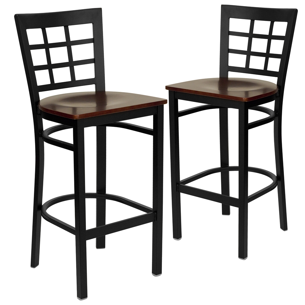 2 Pk. HERCULES Series Black Window Back Metal Restaurant Barstool - Mahogany Wood Seat. Picture 1
