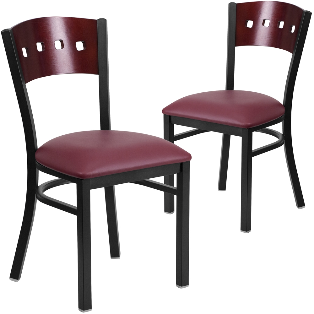 2 Pk. HERCULES Series Black Decorative 4 Square Back Metal Restaurant Chair - Mahogany Wood Back, Burgundy Vinyl Seat. Picture 1