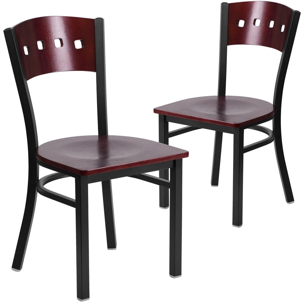 2 Pk. HERCULES Series Black Decorative 4 Square Back Metal Restaurant Chair - Mahogany Wood Back & Seat. Picture 1