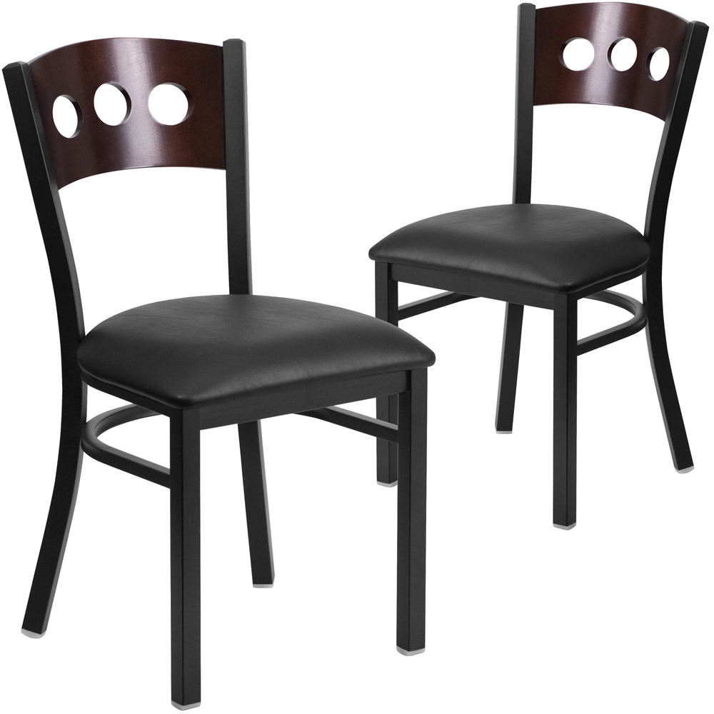 2 Pk. HERCULES Series Black Decorative 3 Circle Back Metal Restaurant Chair - Walnut Wood Back, Black Vinyl Seat. Picture 1