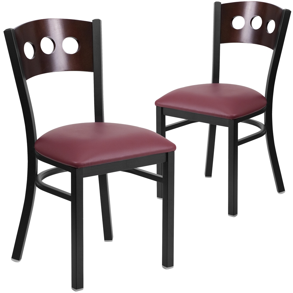 2 Pk. HERCULES Series Black Decorative 3 Circle Back Metal Restaurant Chair - Walnut Wood Back, Burgundy Vinyl Seat. Picture 1