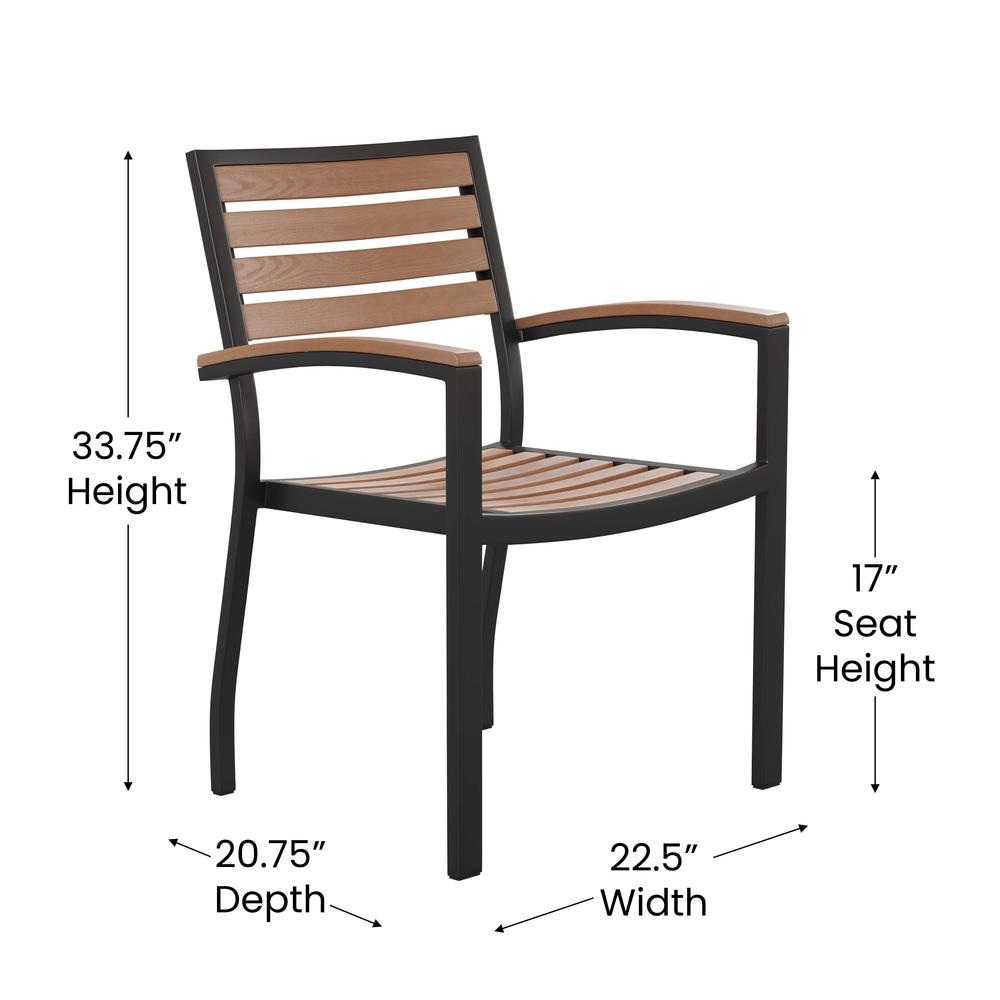Outdoor Stackable Faux Teak Side Chair - Commercial Grade Black Aluminum Patio Chair with Synthetic Teak Slats - Set of 2. Picture 6