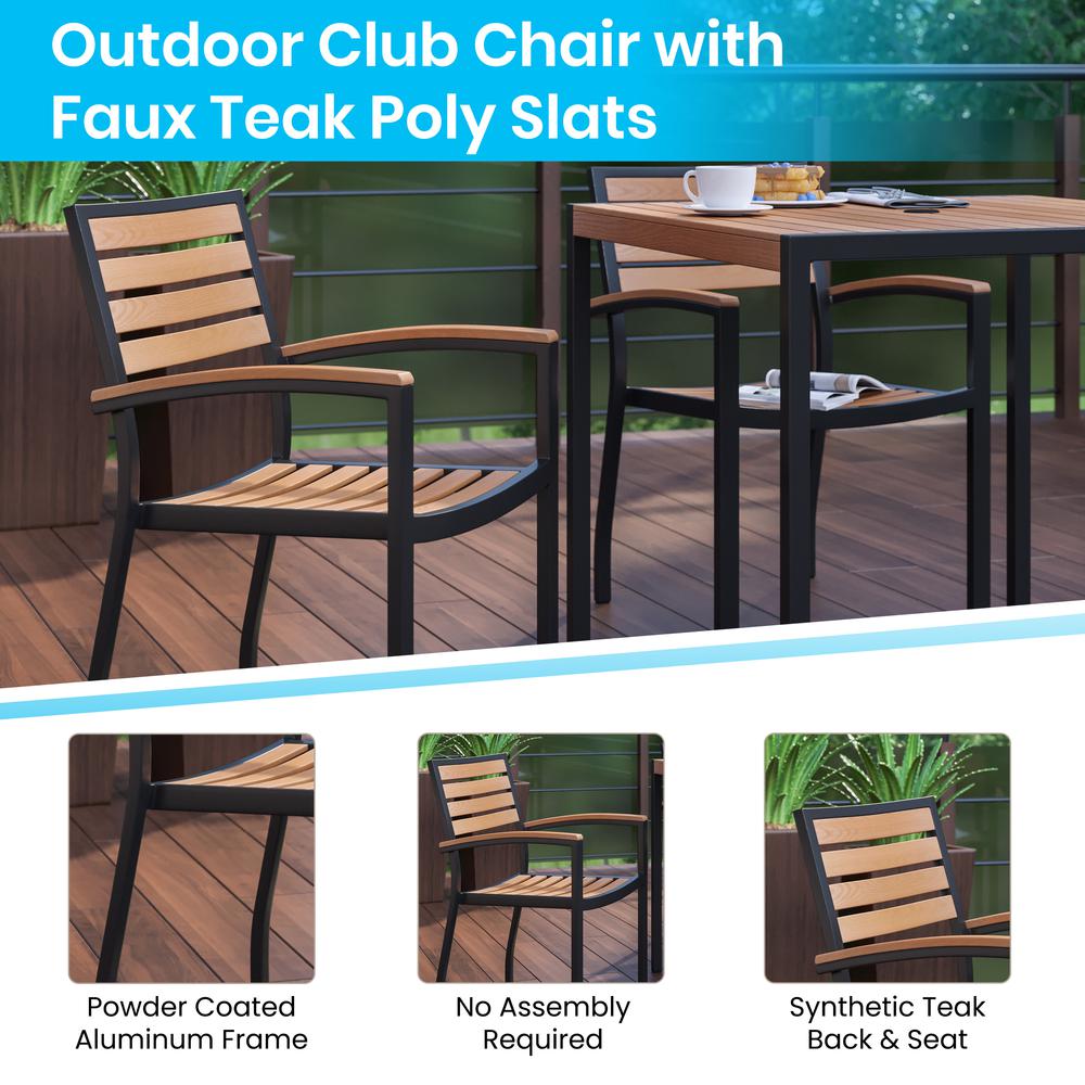 Outdoor Stackable Faux Teak Side Chair - Commercial Grade Black Aluminum Patio Chair with Synthetic Teak Slats - Set of 2. Picture 5