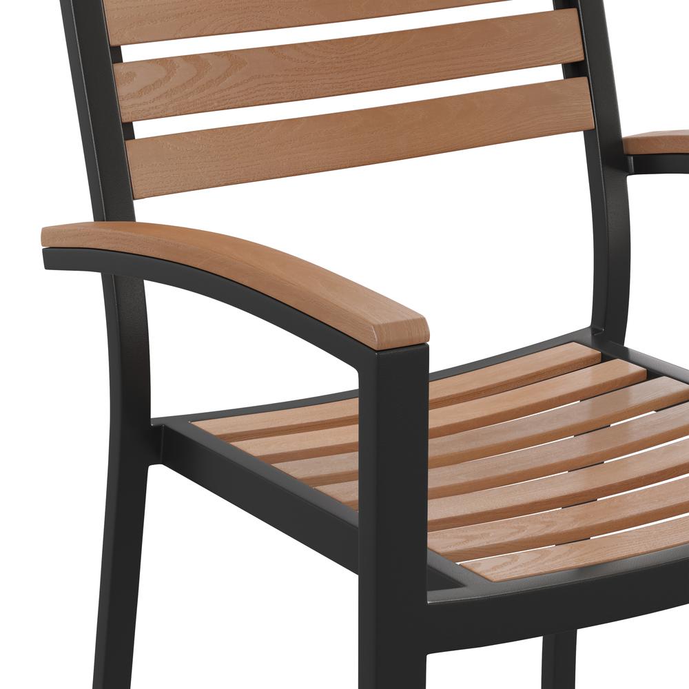 Outdoor Stackable Faux Teak Side Chair - Commercial Grade Black Aluminum Patio Chair with Synthetic Teak Slats - Set of 2. Picture 8