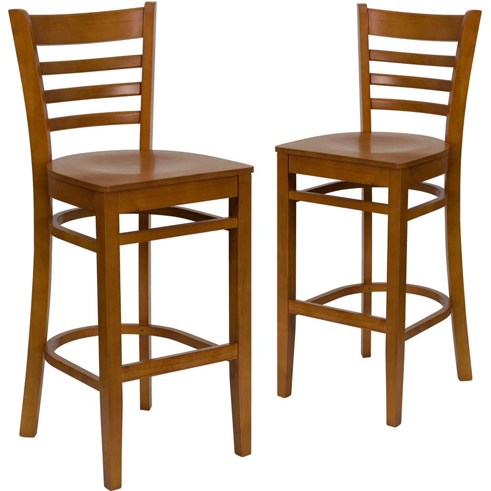 2 Pk. HERCULES Series Cherry Finished Ladder Back Wooden Restaurant Barstool. Picture 1