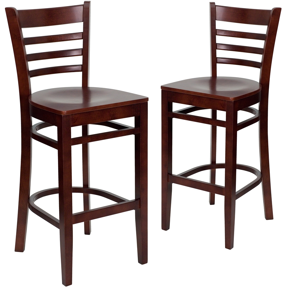 2 Pk. HERCULES Series Mahogany Finished Ladder Back Wooden Restaurant Barstool. Picture 1