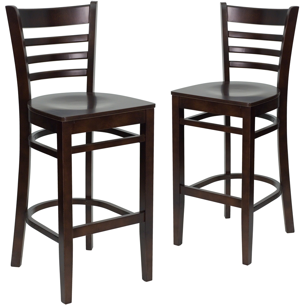 2 Pk. HERCULES Series Walnut Finished Ladder Back Wooden Restaurant Barstool. Picture 1