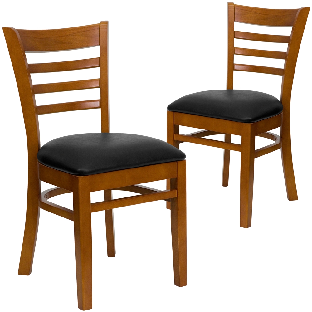 2 Pk. HERCULES Series Cherry Finished Ladder Back Wooden Restaurant Chair - Black Vinyl Seat. Picture 1