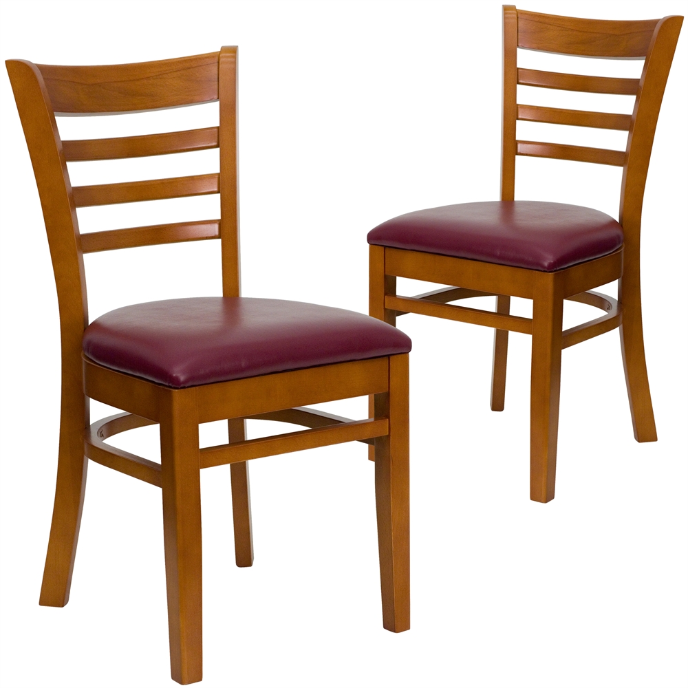 2 Pk. HERCULES Series Cherry Finished Ladder Back Wooden Restaurant Chair - Burgundy Vinyl Seat. Picture 1