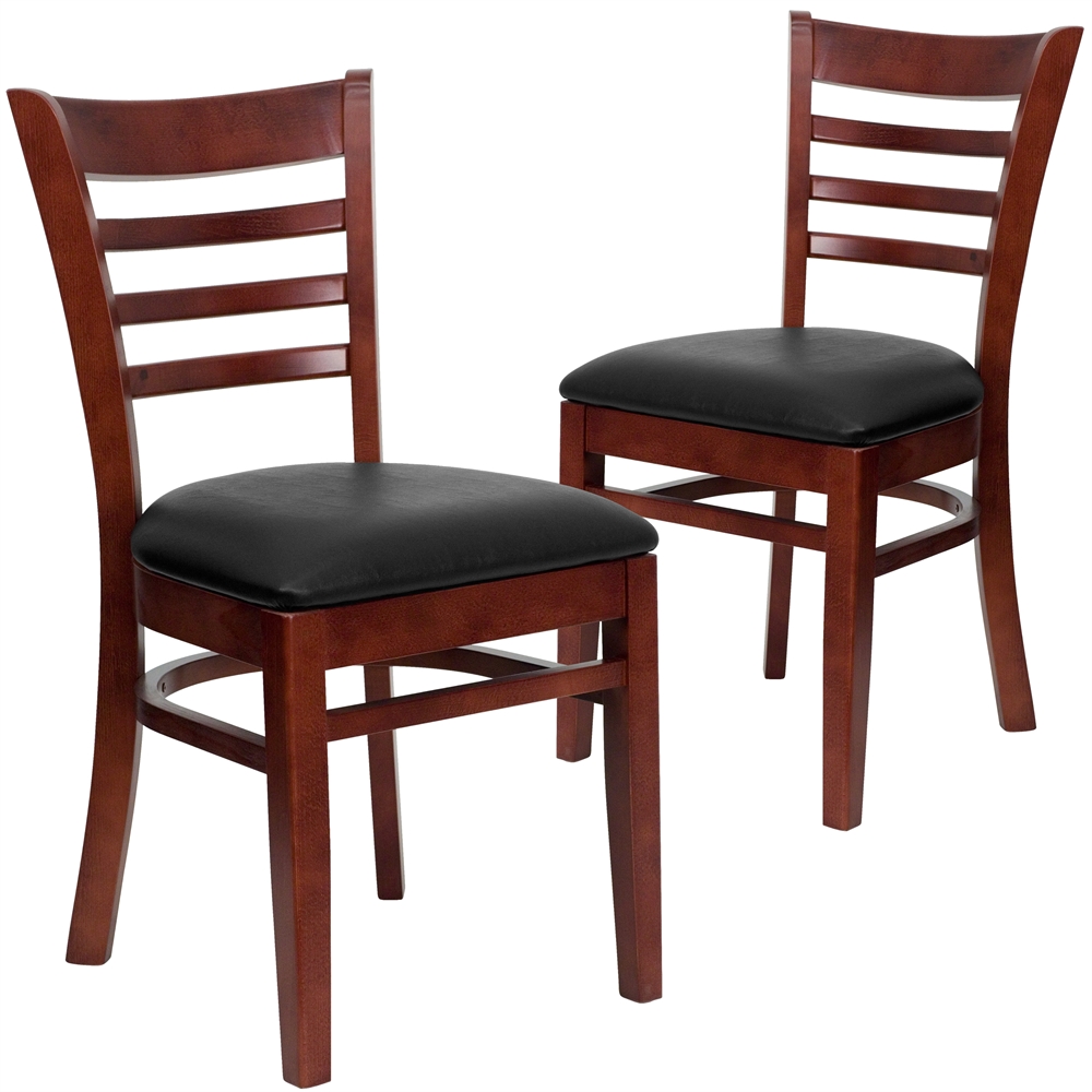 2 Pk. HERCULES Series Mahogany Finished Ladder Back Wooden Restaurant Chair - Black Vinyl Seat. The main picture.