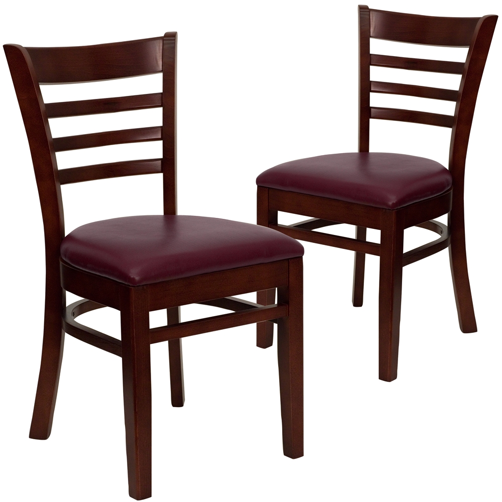 2 Pk. HERCULES Series Mahogany Finished Ladder Back Wooden Restaurant Chair - Burgundy Vinyl Seat. Picture 1
