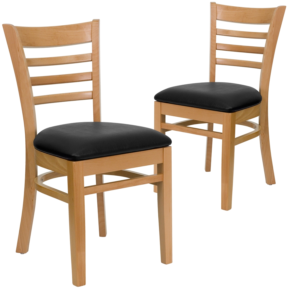 2 Pk. HERCULES Series Natural Wood Finished Ladder Back Wooden Restaurant Chair - Black Vinyl Seat. Picture 1